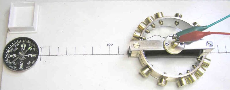 Eureka balance wheel with its armature energised by a 1.5 volt battery, placed on the magnetometer scale